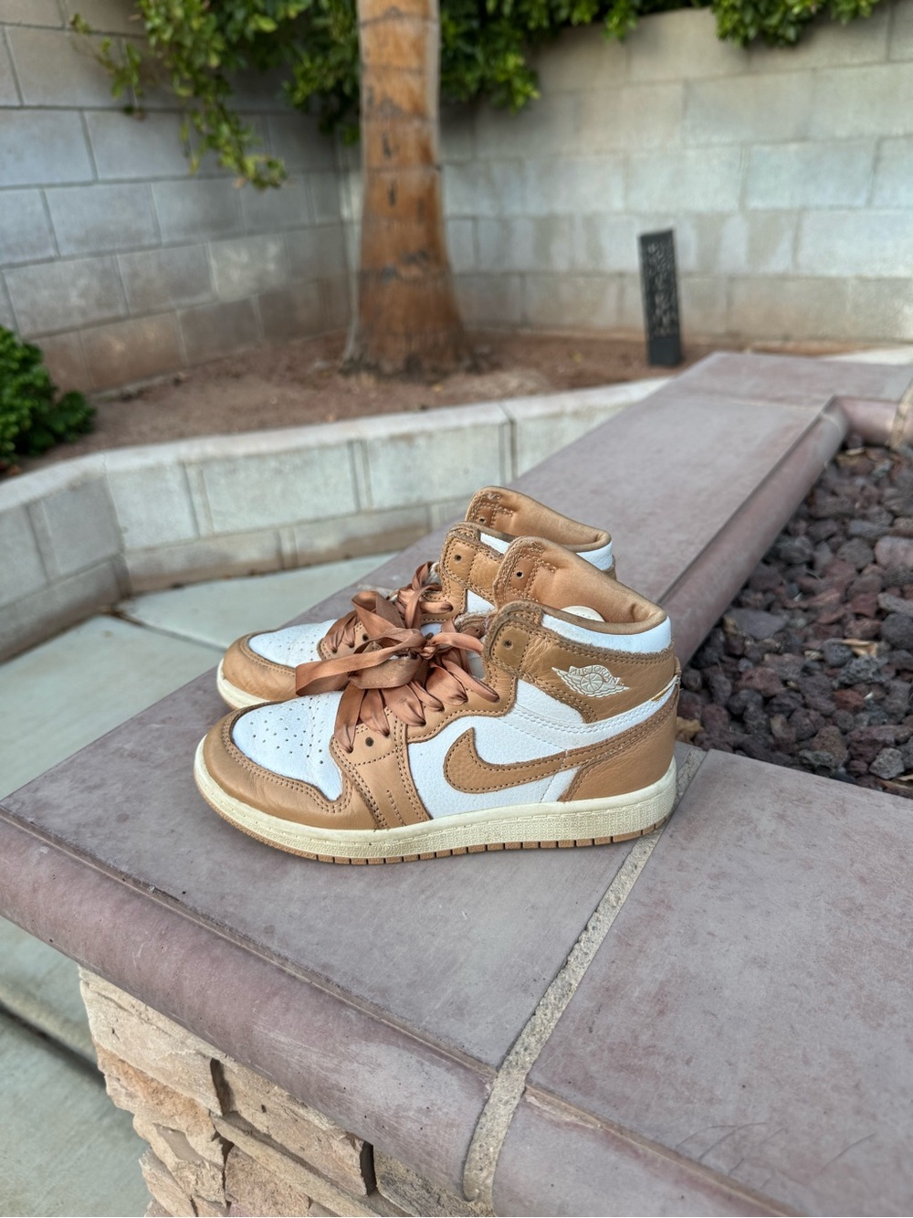 Jordan 1 Kids Retro High-Top OG “Praline” Sneakers in White and Tan ribbon laces